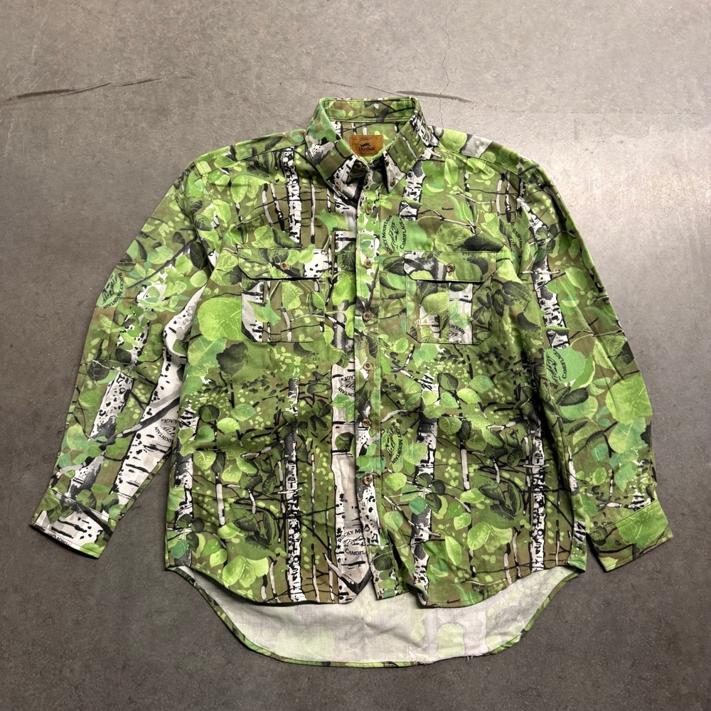 Duxbak Rocky Mountain Camouflage Button Down Shirt Mens Green Birch Tree Camo